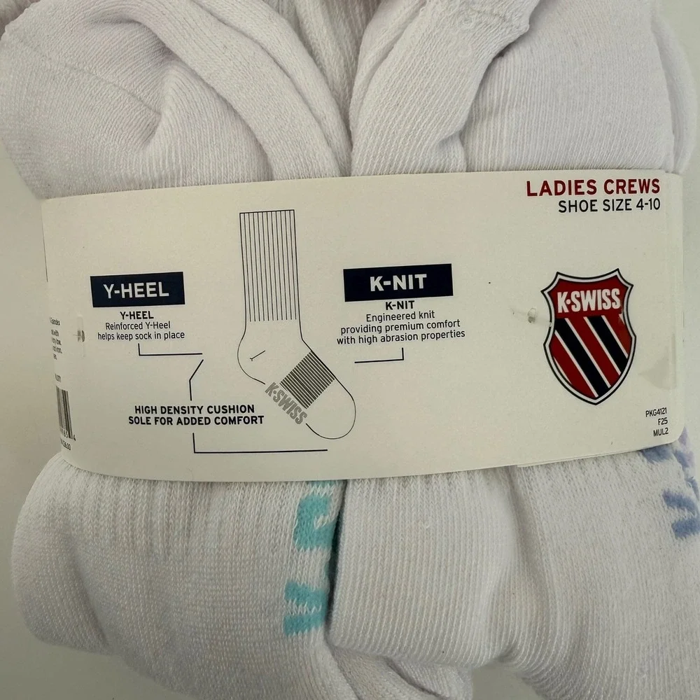 K Swiss Womens 6 Pairs Crew Socks Cushion Sole Y‎ Heel K Nit White Sz 4-10